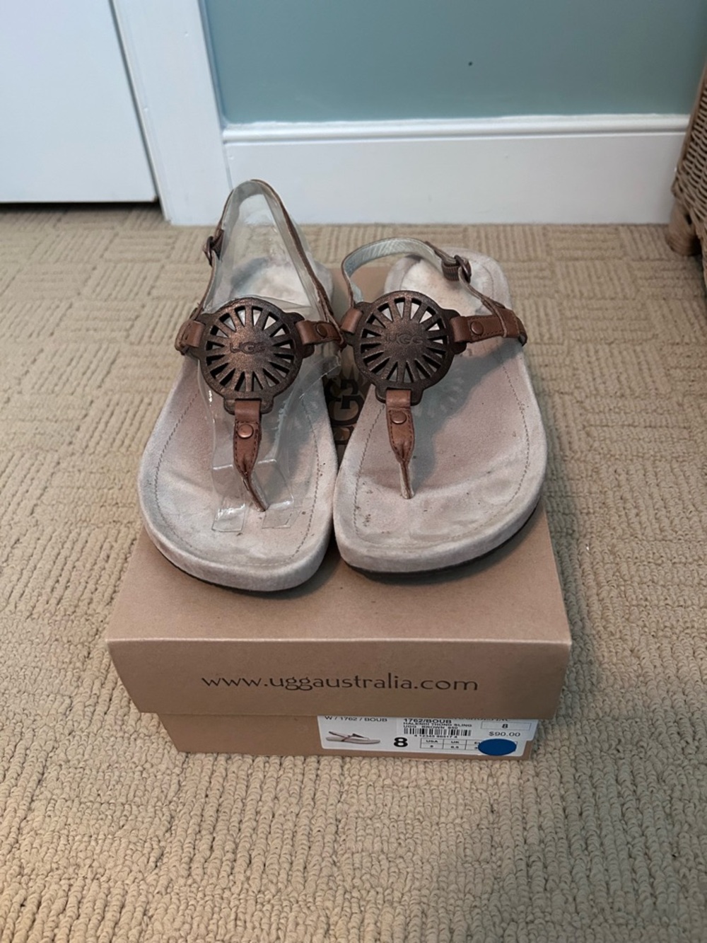UGG Women's Tan Leather Thong Sandals with Decorative Medallions